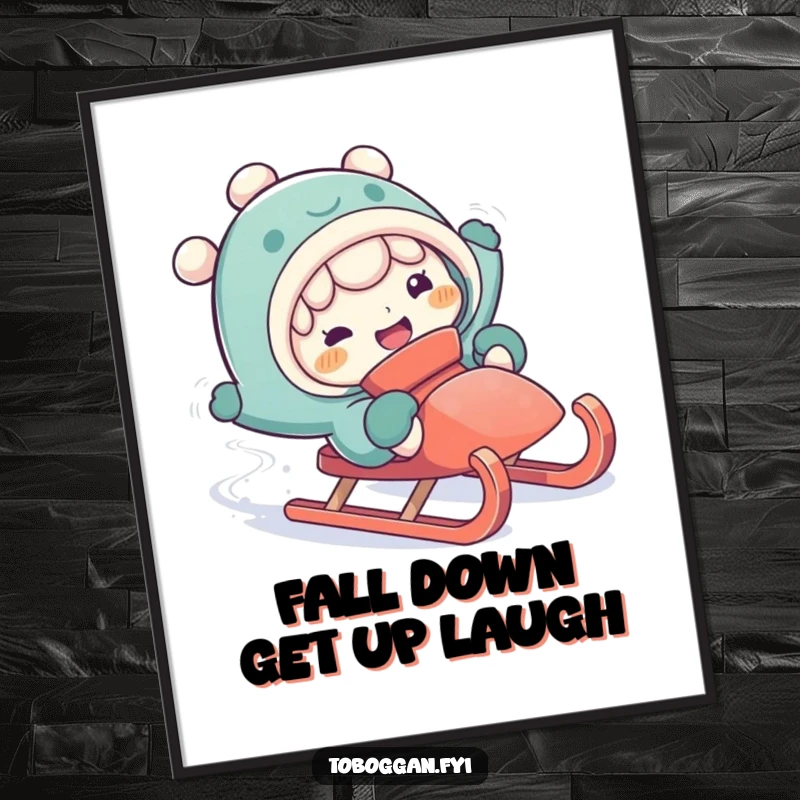 Funny free printable wall art of a character comically falling off a sled, frozen mid-tumble with a priceless, silly facial expression.