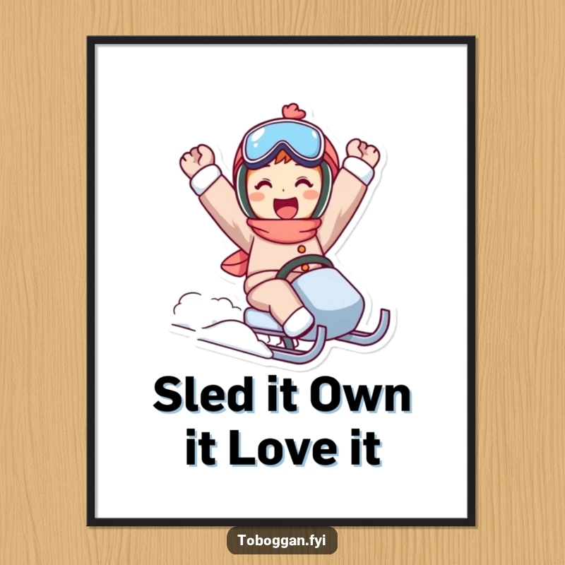 Funny free printable wall art depicting a character in a triumphant pose celebrating the exhilaration of a successful sled ride down a snowy hill.