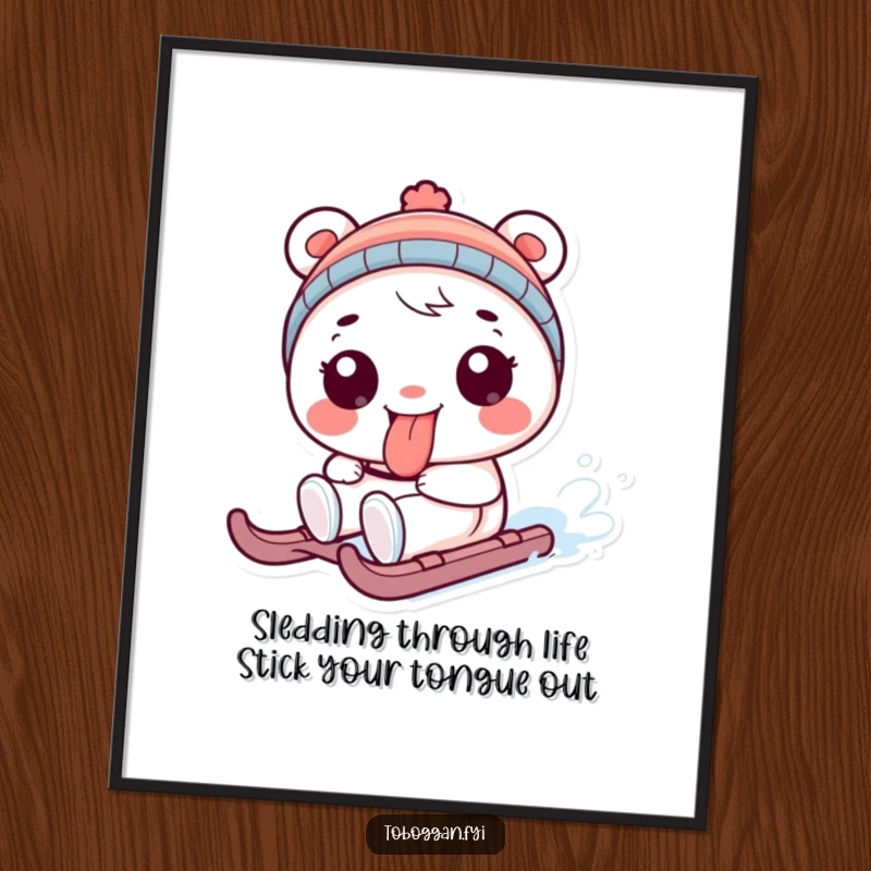 Funny Free Printable Wall Art: Sledding Character Sticking its Tongue Out in a Playful Manner