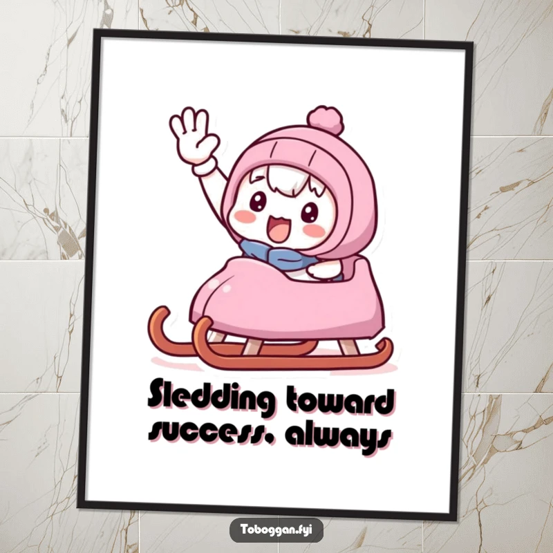 Funny Free Printable Wall Art: Cute character waving triumphantly from a sled, adding a motivational and humorous touch.