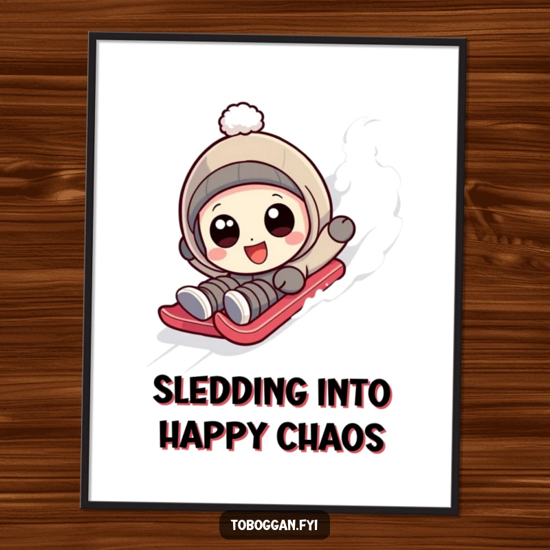 Funny Free Printable Wall Art: A character with wide, happy eyes hilariously tumbling down a sledding slope.