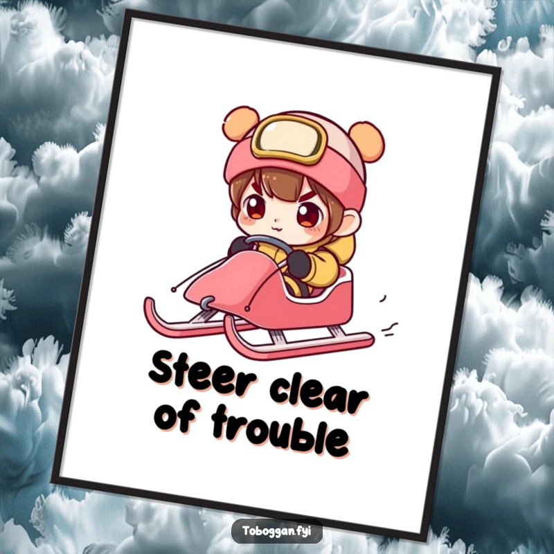 Funny free printable wall art of a character steering a sled with exaggerated concentration and a determined facial expression.