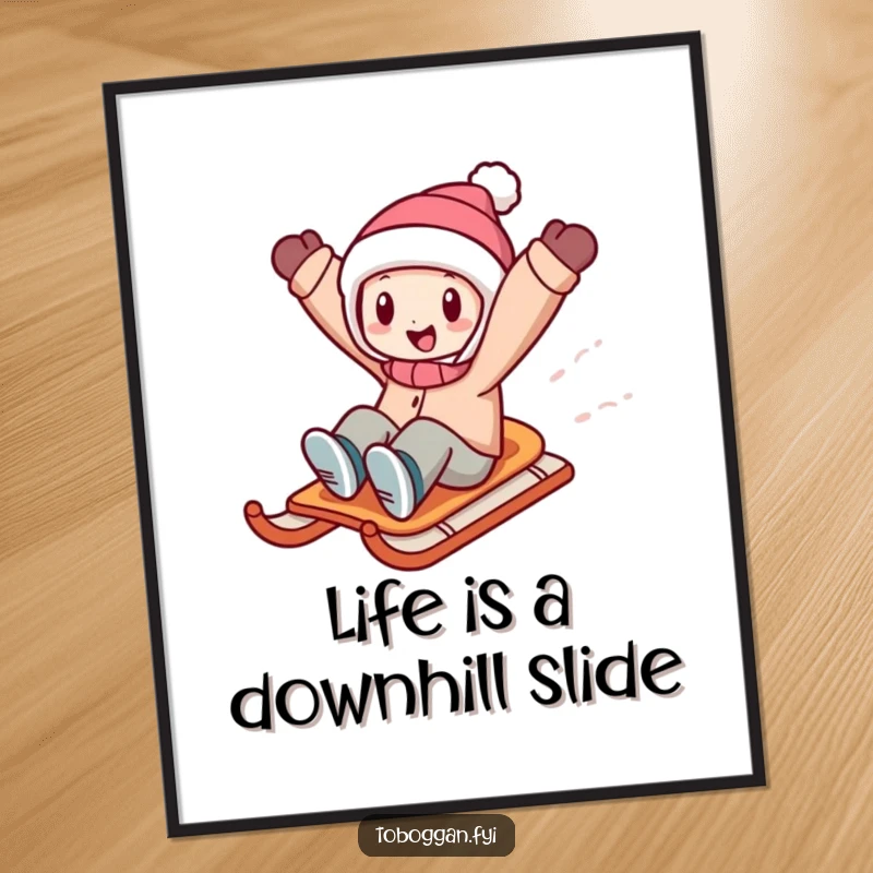 Funny free printable wall art of a character zooming downhill on a sled with arms raised high in excitement.