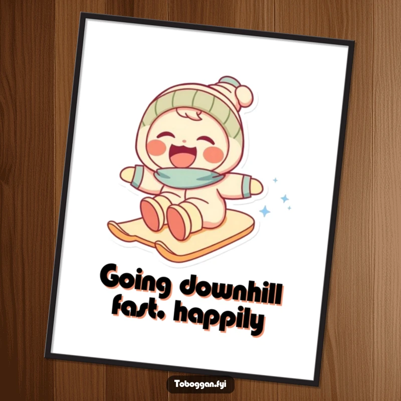 Funny Free Printable Wall Art: A character joyfully sliding down a snowy mountain, mid-laugh. Hilarious winter downloadable art.