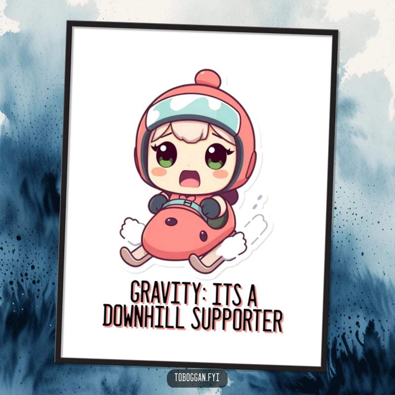 Funny free printable wall art of a character looking gobsmacked as their sled rockets downhill, a hilarious piece of decor.