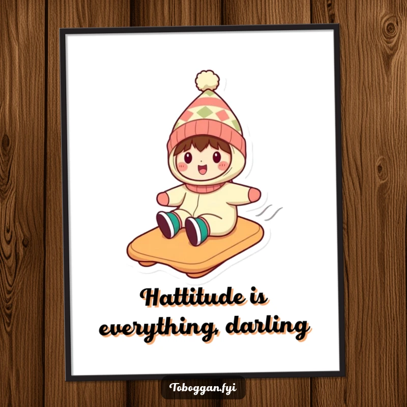 Funny Free Printable Wall Art: Character in a silly hat having a blast on a toboggan, adding humor to your decor.