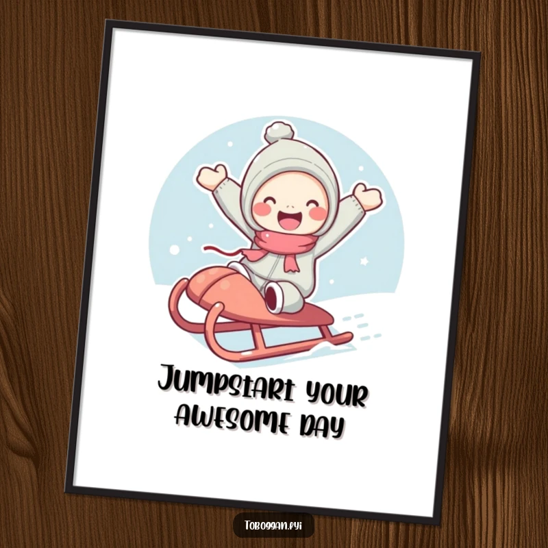 Funny Free Printable Wall Art: Character with rosy cheeks joyfully jumping from a sled, capturing a moment of pure, unadulterated fun.