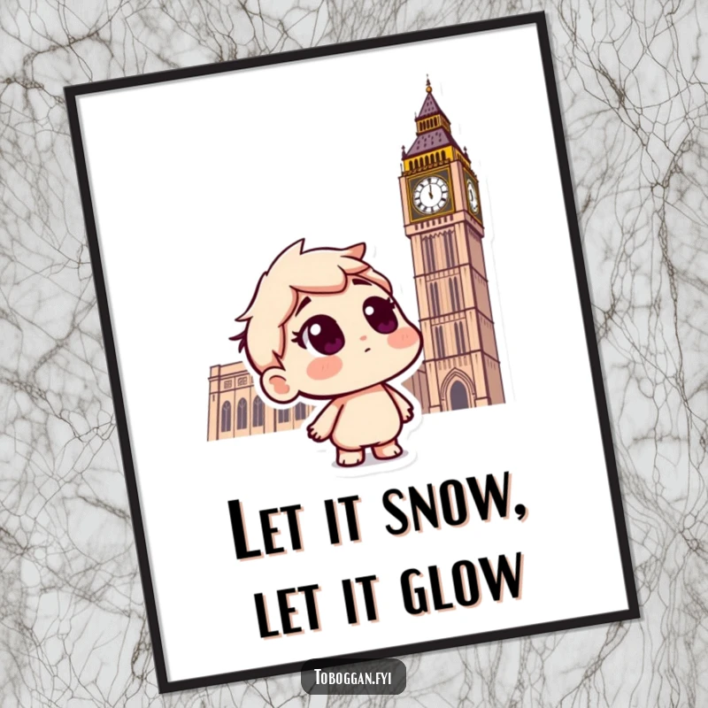 Funny Free Printable Wall Art: Curious snowman on a toboggan looking up at snowflakes, a truly whimsical winter scene.