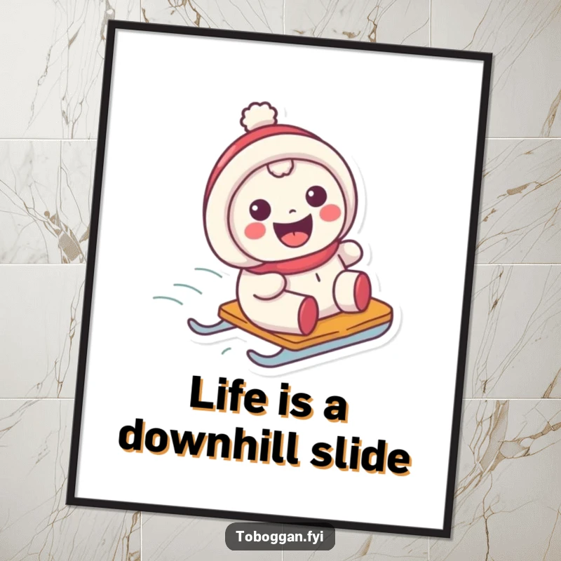 Funny Free Printable Wall Art: Character with an enormous grin sliding on a sled, embodying simple, pure winter happiness.