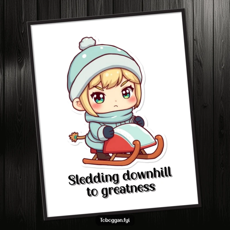 Funny Free Printable Wall Art of a character with a determined expression, gripping a sled, ready to embark on an exciting downhill journey.