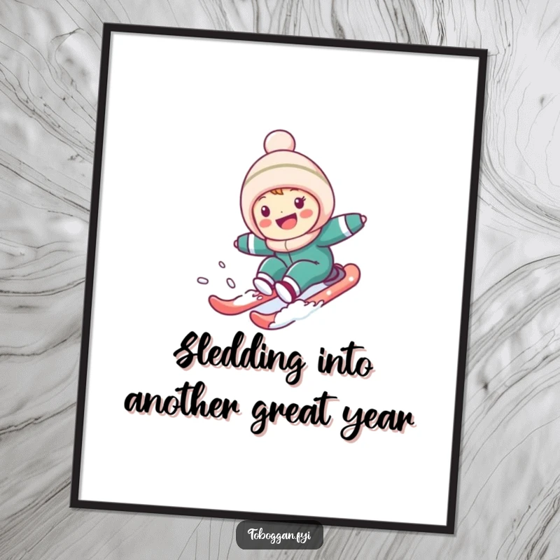 Funny Free Printable Wall Art: Humorous character gleefully speeding down a snowy hill, capturing pure winter fun.