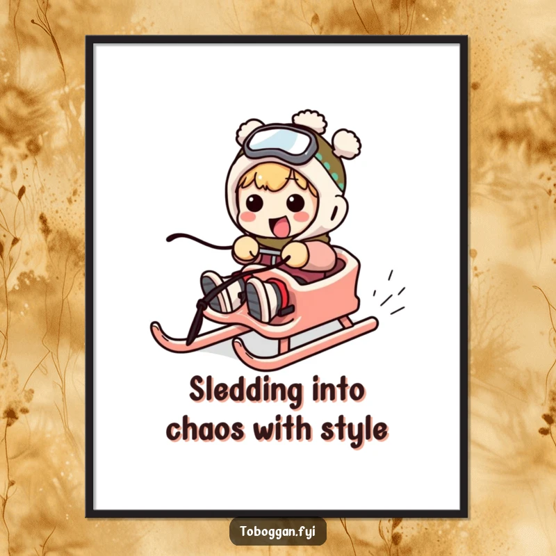 Funny Free Printable Wall Art: A character comically failing to steer a sled, mid-tumble with exaggerated, hilarious movements.