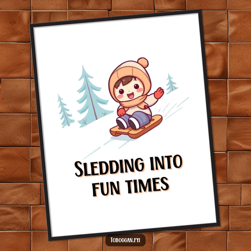 Funny Free Printable Wall Art: A small, cute character gleefully zooming downhill on a sled in the snow.
