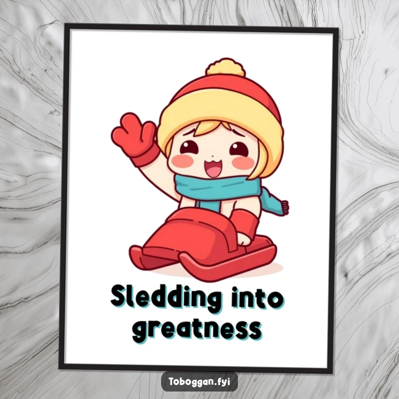 Funny free printable wall art: a character dynamically waving a red toboggan, ready to add a dose of winter adventure.