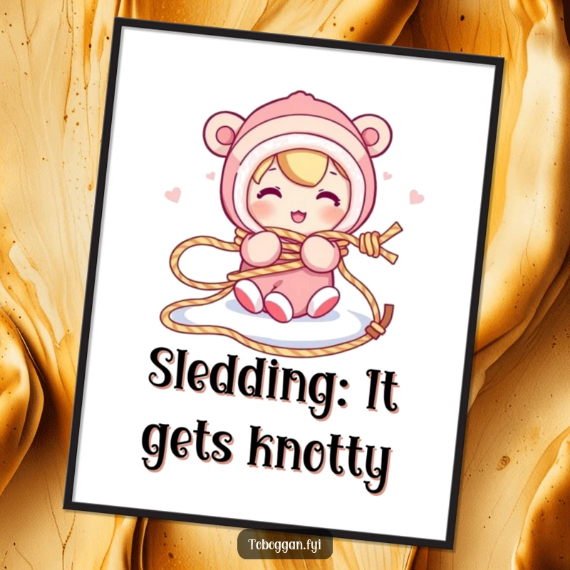 Funny free printable wall art: a character comically tangled in their own sled rope.