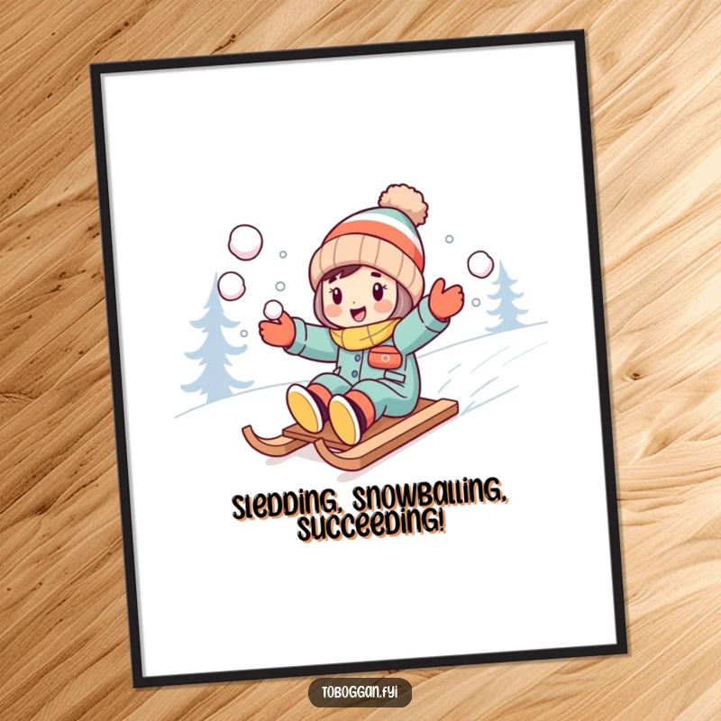 Funny Free Printable Wall Art: A character excitedly throwing snowballs while riding their sled downhill.