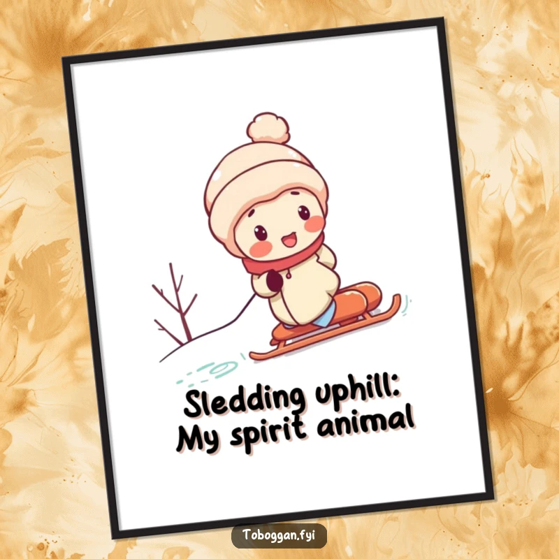 Funny free printable wall art: a character with rosy cheeks pushing a sled uphill with immense effort.