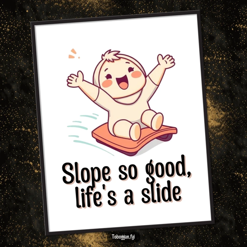 Funny Free Printable Wall Art of a cute character cheering while sliding downhill, a dynamic and joyful piece.