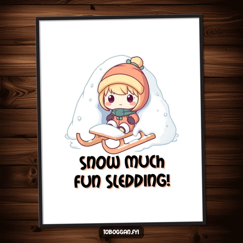 Funny free printable wall art of a character playfully popping out from a pile of snow on a sled.