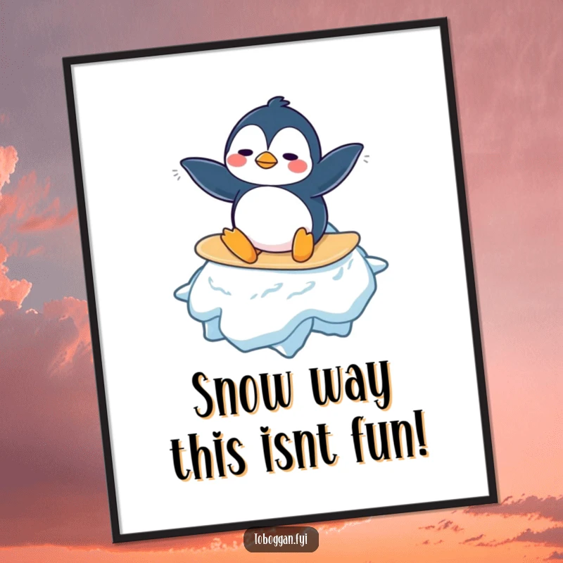 Funny Free Printable Wall Art: A confused penguin attempts to surf on a giant snowflake, whimsical downloadable art.