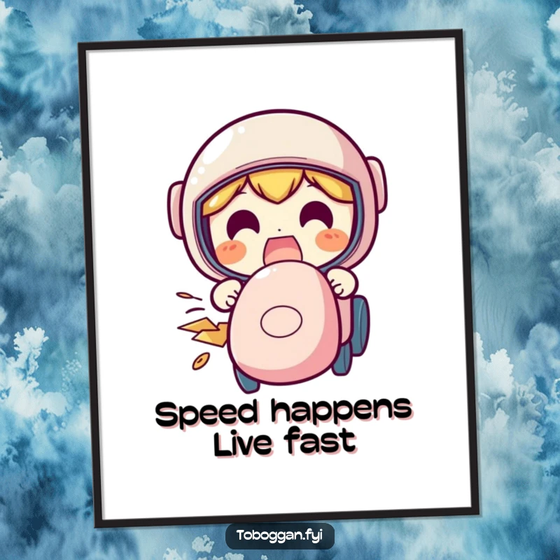 Funny free printable wall art depicting a character with a hilariously excited face as they speed down a snowy slope on a sled.