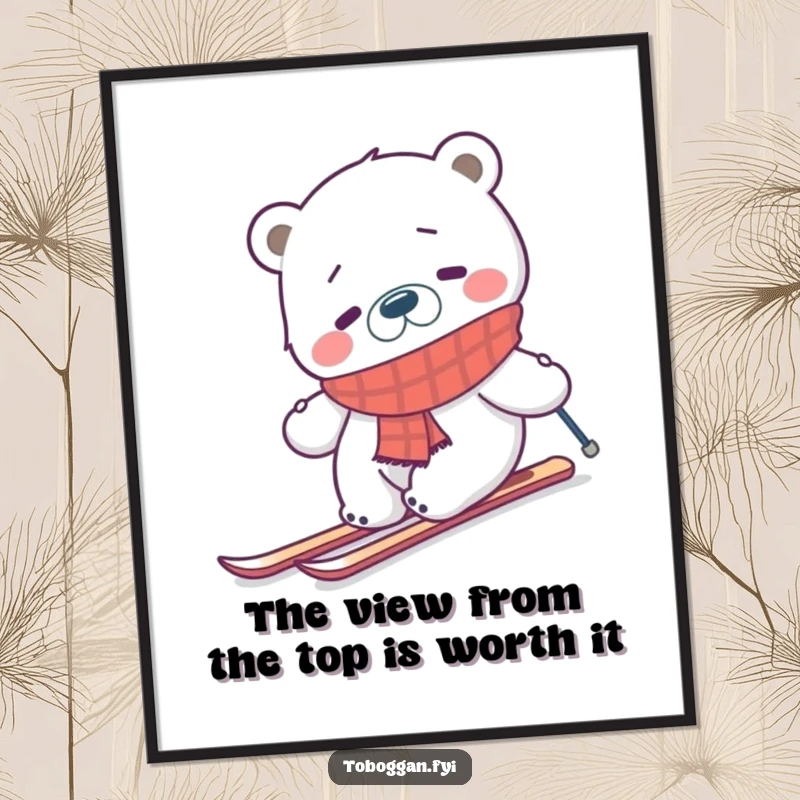 Funny Free Printable Polar Bear Skiing Wall Art: A confused bear in a scarf hilariously attempts to ski uphill.