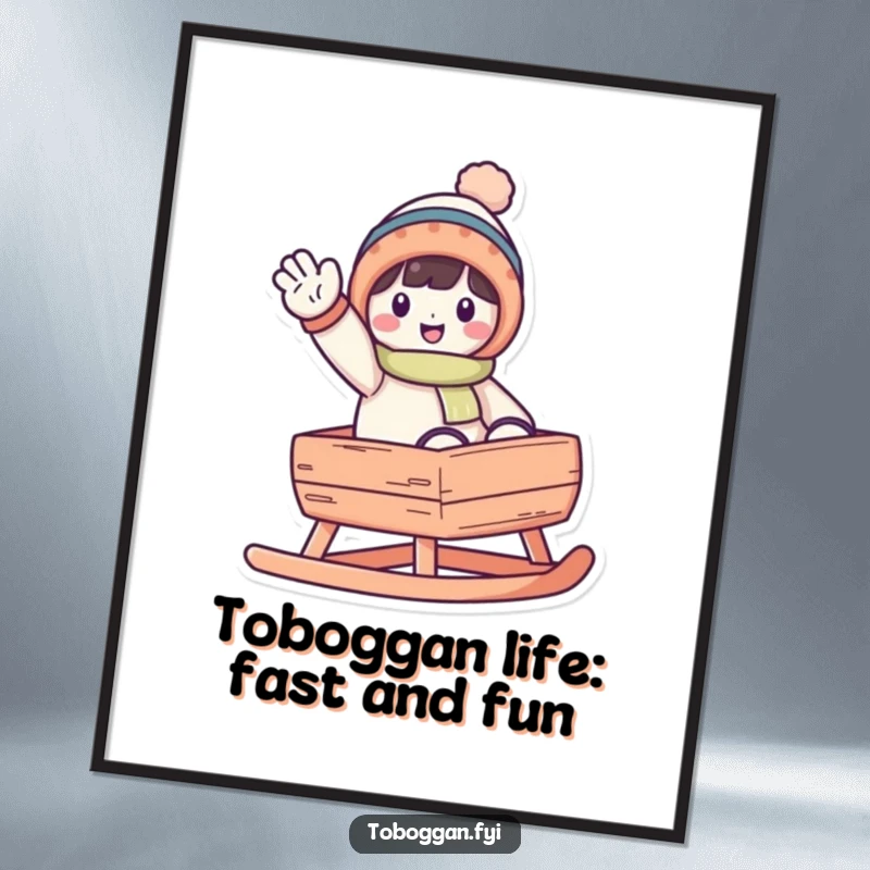 Funny Free Printable Wall Art: A character cheerfully waves from the back of a toboggan, bringing winter fun.