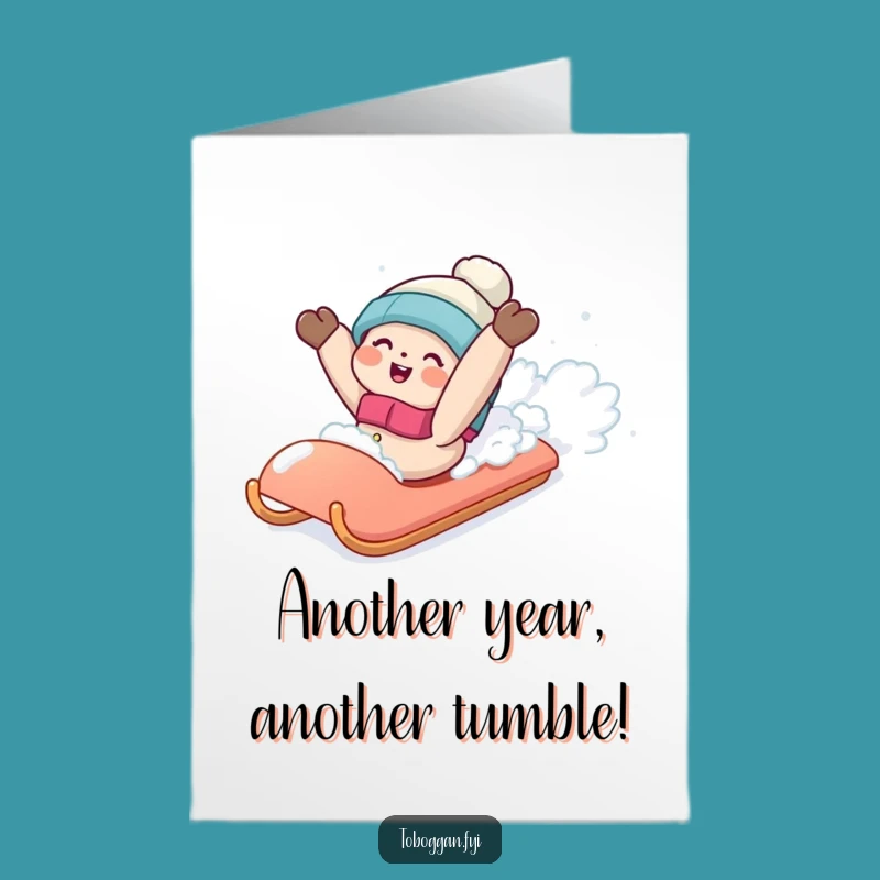 Funny Free Printable Birthday Card: Snowfall Sled Mishap Character Downloadable Gift