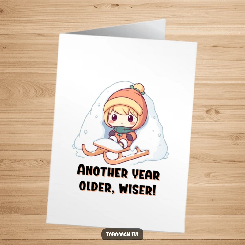 Funny free printable birthday card showing a character popping out from under a snow pile on a sled.