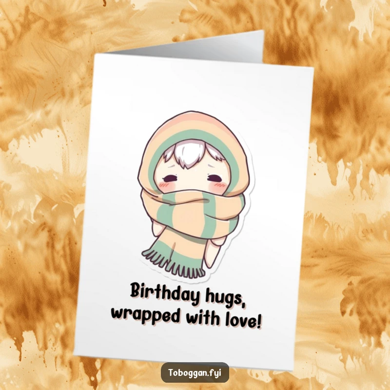 Funny Free Printable Birthday Card of a character comically bundled in a huge scarf, with only their eyes peeking out playfully.