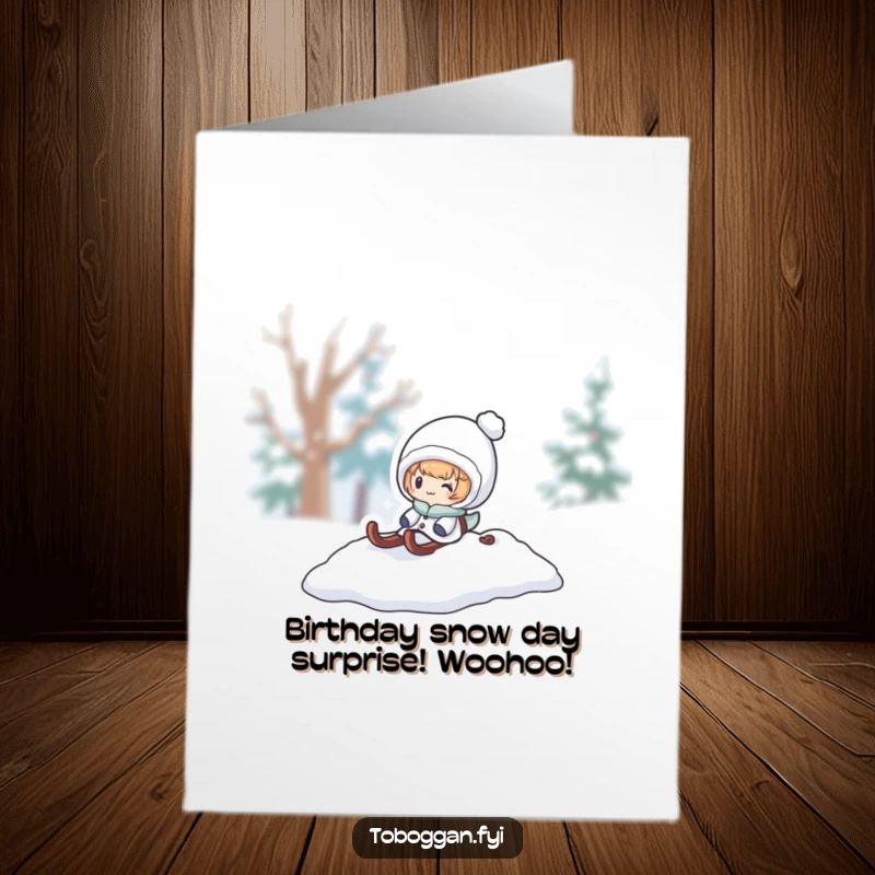 Funny Free Printable Birthday Card: A character playfully pops out from under a snowy sled pile, wishing a happy birthday.