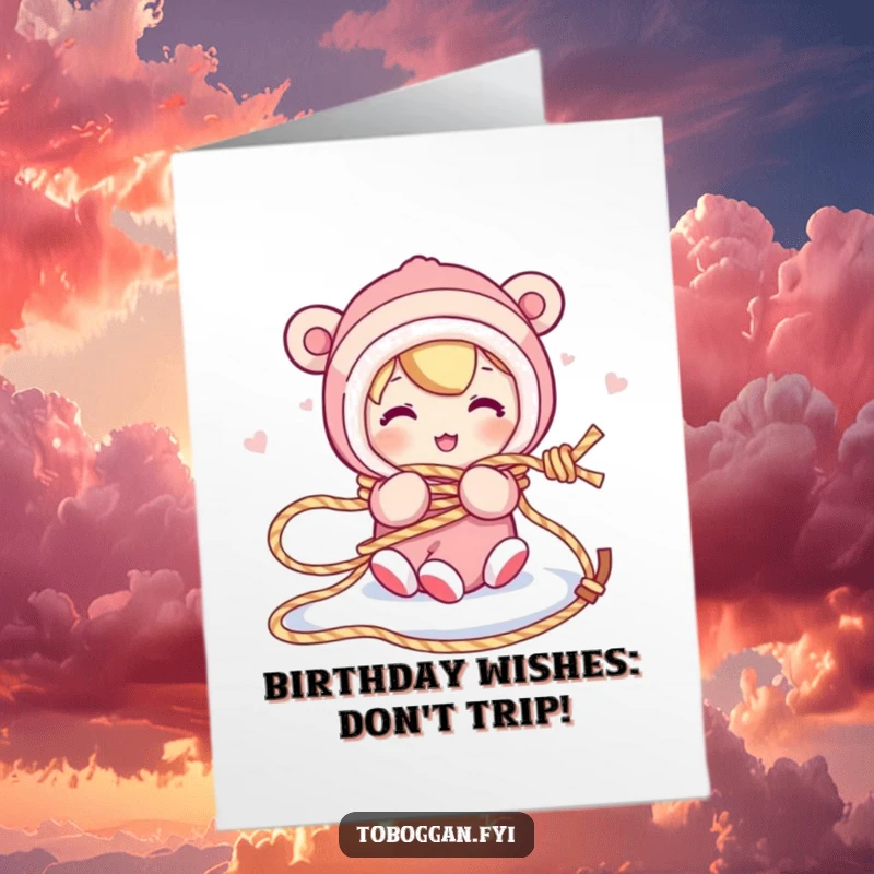 Funny free printable birthday card: a character comically tangled in their own sled rope.