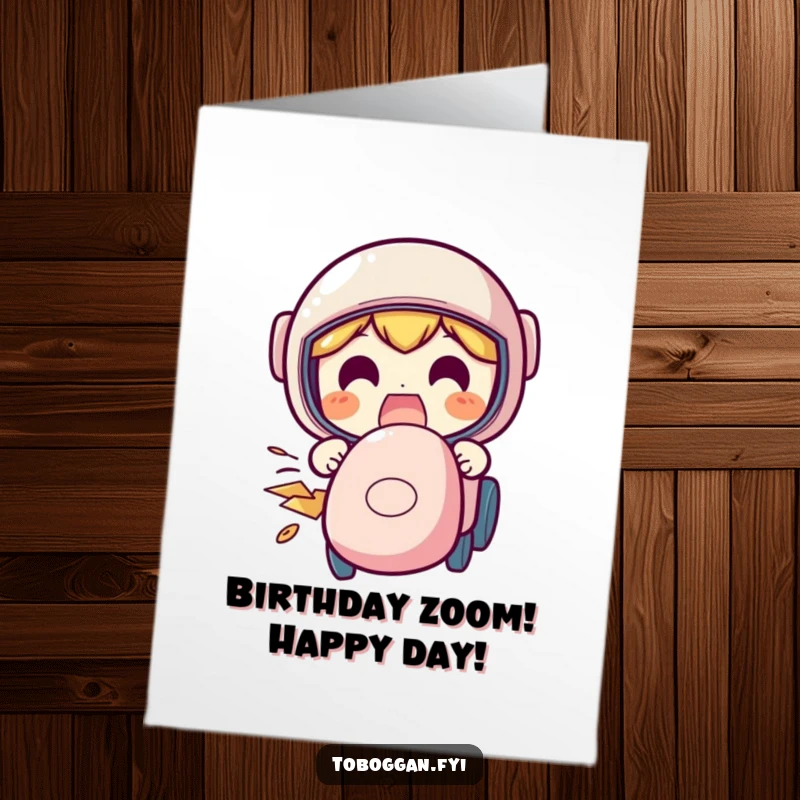 Funny free printable birthday card capturing a character with a hilariously excited face as it speeds down a snowy hill on a sled.