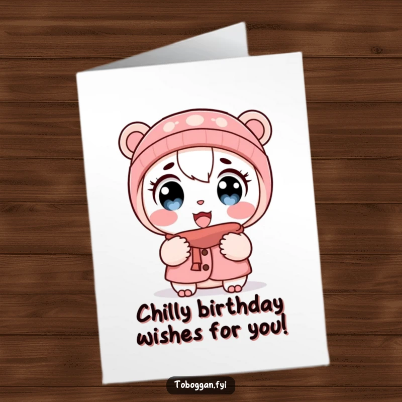 Funny Free Printable Birthday Card: Character surprised with wide eyes and puffed cheeks in the cold, reacting to the chill.