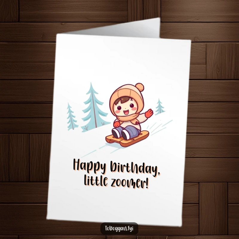 Funny Free Printable Birthday Card: Small, cute character gleefully zooming downhill on a sled in the snow.