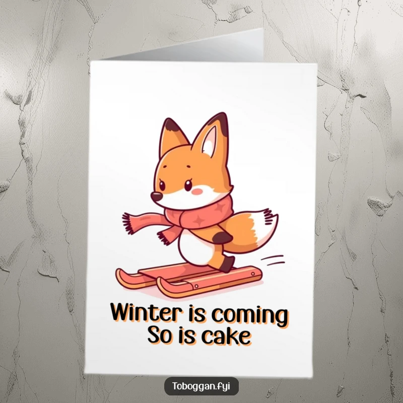Funny Free Printable Birthday Card: Determined Scarf-wearing Fox Hilariously Chasing a Runaway Toboggan