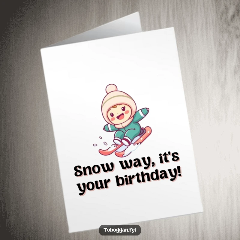 Funny Free Printable Birthday Card: Adorable character gleefully skiing fast down a snowy mountain slope, pure joy.