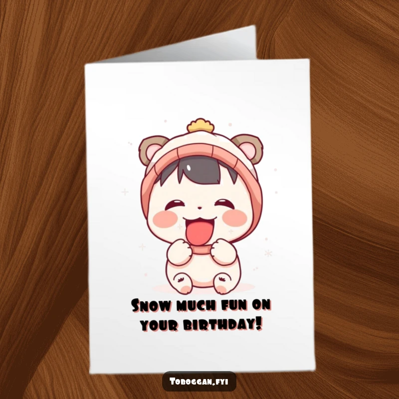 Funny Free Printable Birthday Card of a cute character joyfully catching snowflakes on their tongue with a big smile, ready for a winter wish.