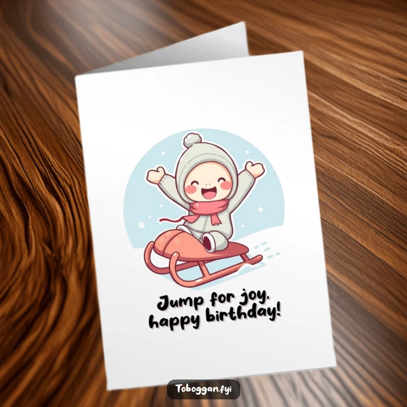 Funny Free Printable Birthday Card: Character with rosy cheeks joyfully jumping from a sled, radiating pure happiness and excitement.
