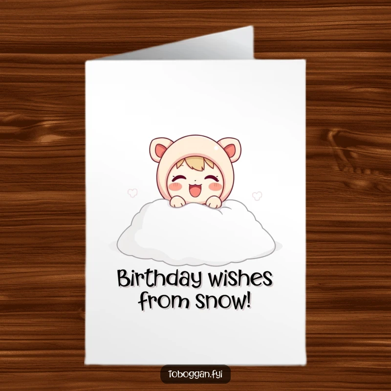 Funny Free Printable Birthday Card: Cute Character Joyfully Emerging from a Pile of Soft Snow