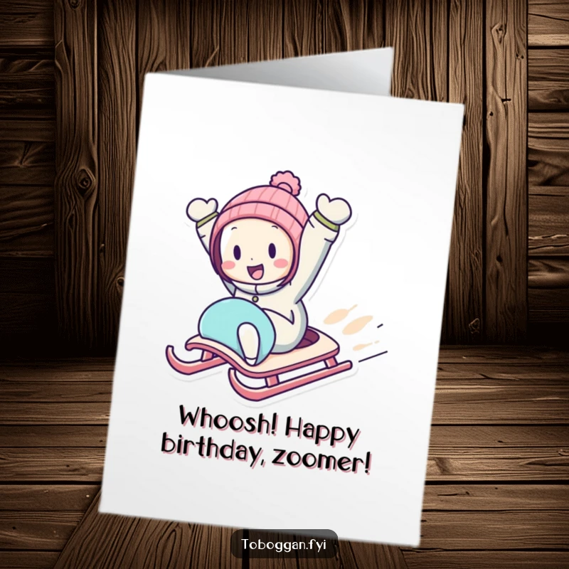 Funny Free Printable Birthday Card: Energetic character zooming downhill on a sled, arms thrown up in exhilaration.