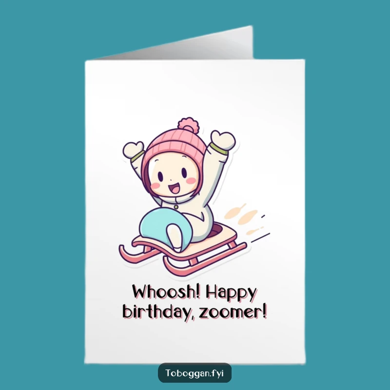 Free Printable Birthday Card: Sledding Character Arms Up Funny Gift