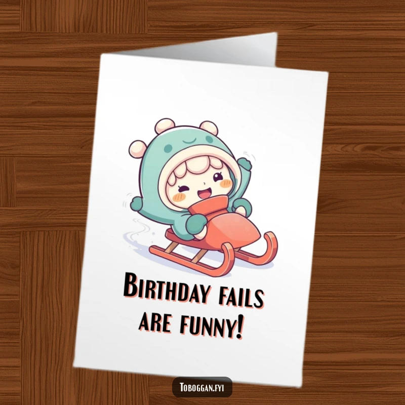 Funny free printable birthday card showing a character comically tumbling off a sled with a wonderfully silly expression.