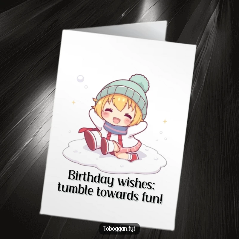Funny Free Printable Birthday Card: Character playfully tumbling head over heels in snow, embodying pure joy.