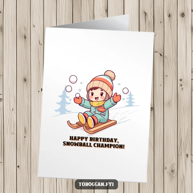 Funny Free Printable Birthday Card: Character excitedly throwing snowballs while sledding downhill.