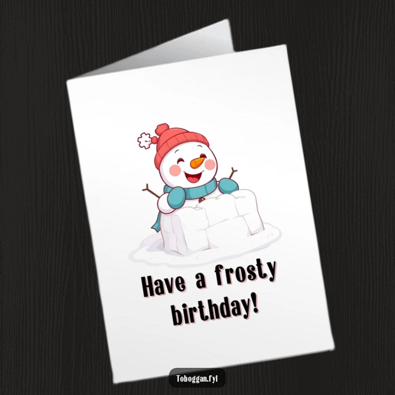Funny Free Printable Birthday Card: Cheerful snowman comically building a tiny snowball fort with mittens, ready for fun.