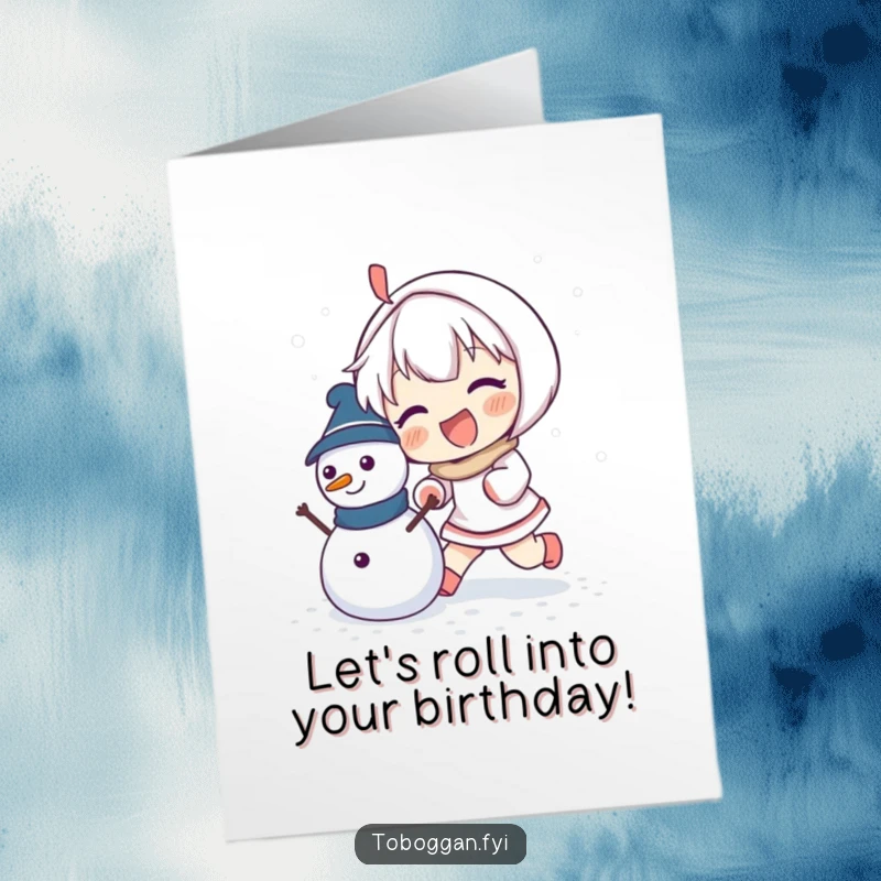 Funny Free Printable Birthday Card of a character enthusiastically pushing a small, cute snowman forward, embodying winter fun and friendship.