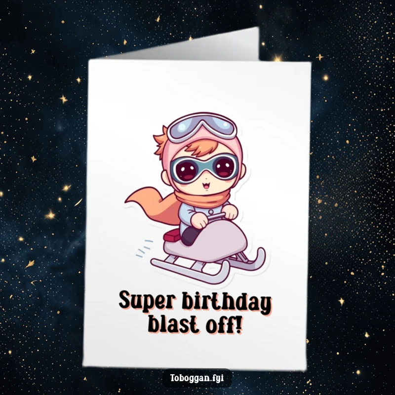 Funny Free Printable Birthday Card: Cute Character Pretends to be Superhero Riding a Sled