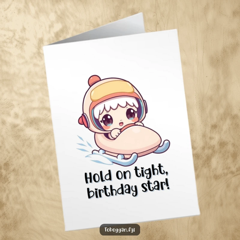 Funny Free Printable Birthday Card: Character with wide eyes and open mouth, surprised as their sled rockets downhill.