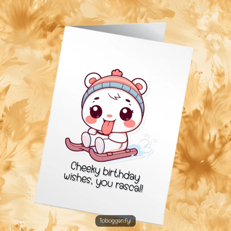 Funny Free Printable Birthday Card: Sledding Character Sticking its Tongue Out Playfully
